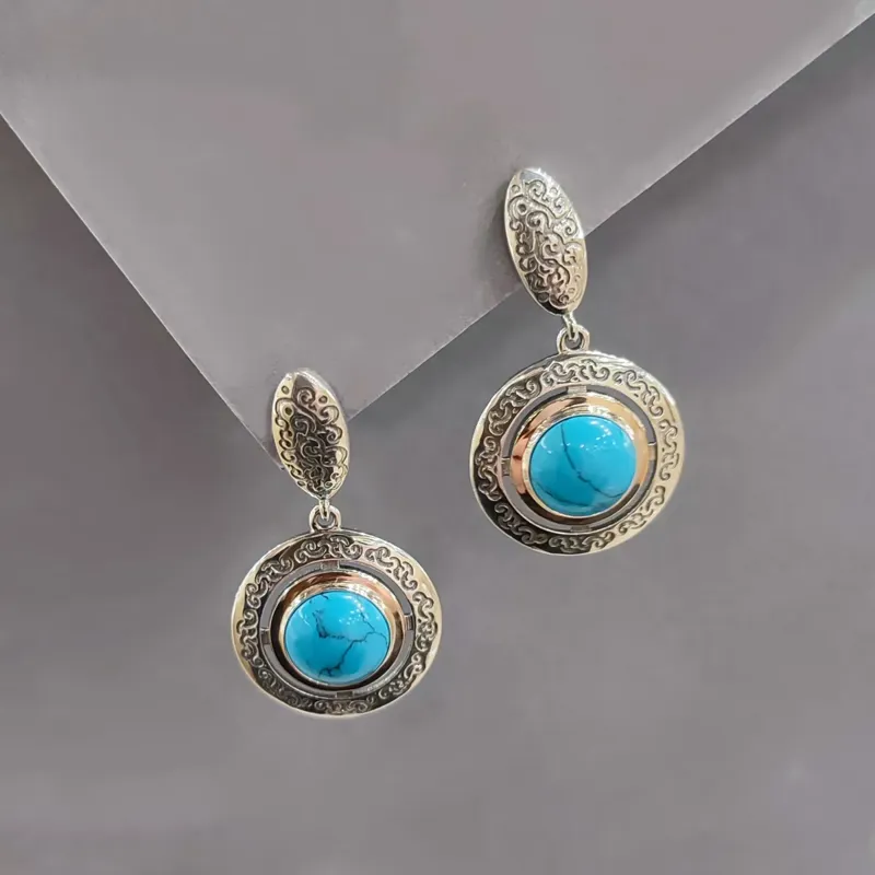 Срібні сережки в етно стилі з золотою пластиною та бірюзою — фото 3