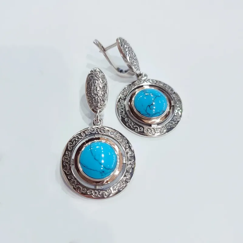 Срібні сережки в етно стилі з золотою пластиною та бірюзою — фото 2