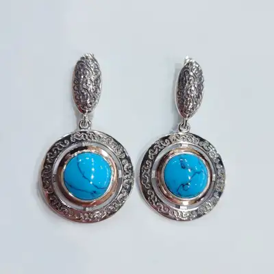 Срібні сережки в етно стилі з золотою пластиною та бірюзою — срібна прикраса