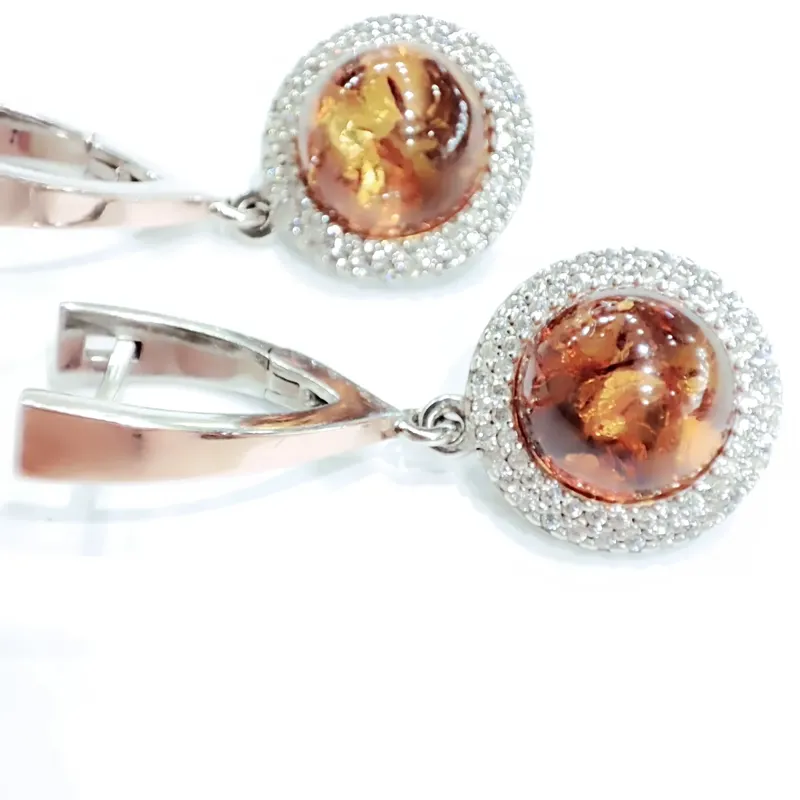 Срібні сережки вісюльки з золотою пластиною та бурштином — фото 3