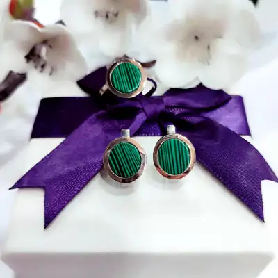 Срібний набір з натуральним малахітом і золотою пластиною — срібна прикраса