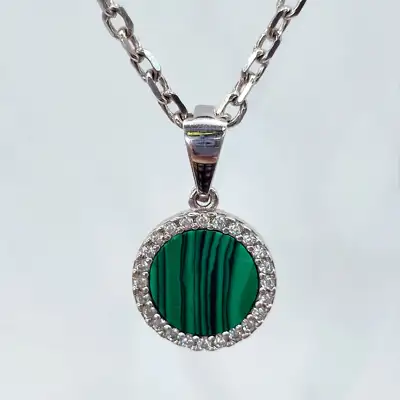 Срібний комплект, ланцюг " якірний" з підвіскою з малахітом — срібна прикраса