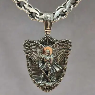 Срібний чоловічий набір “Архангел Михаїл — Щит Захисника” з ланцюгом "Ручей" — срібна прикраса