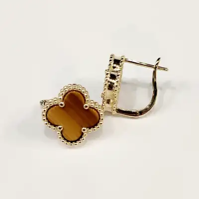 Позолочені сережки Клевер в стилі Van Cleef з натуральним тигровим оком — срібна прикраса