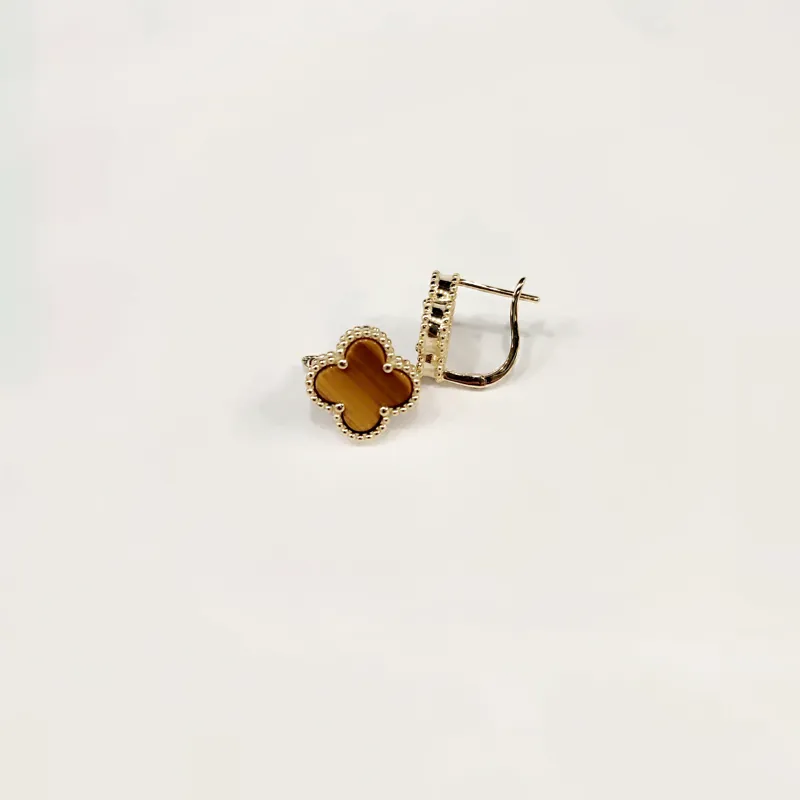 Позолочені сережки Клевер в стилі Van Cleef з натуральним тигровим оком — фото 2