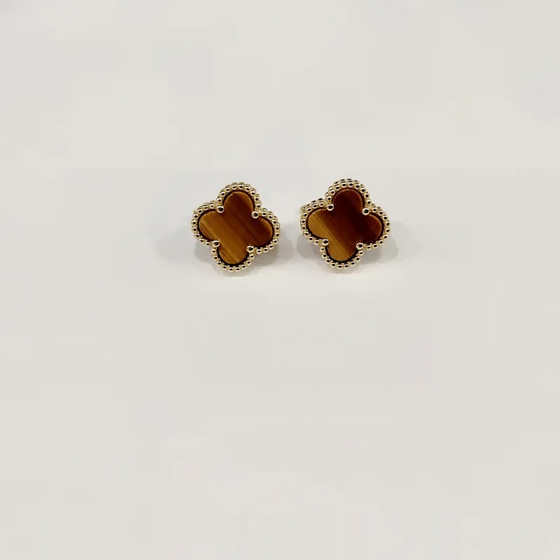 Позолочені сережки Клевер в стилі Van Cleef з натуральним тигровим оком — фото 3
